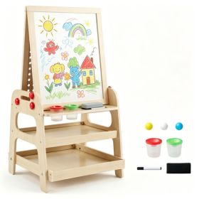 2-in-1 Wooden Kids Art Easel With Marble Run, Magnetic Whiteboard Standing Easel With Storage Shelves & Accessories For Kids 3-